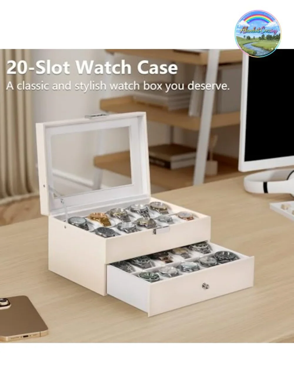 20-Slot Watch Box with Glass Lid, Synthetic Leather, Velvet Lining, Watch